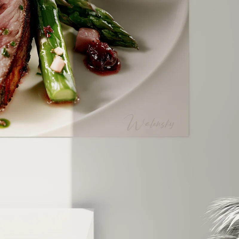 Tableau Viande rosée tranchée aux asperges vertes - Coulis d'herbes et lardons - Edition Plat gastronomique