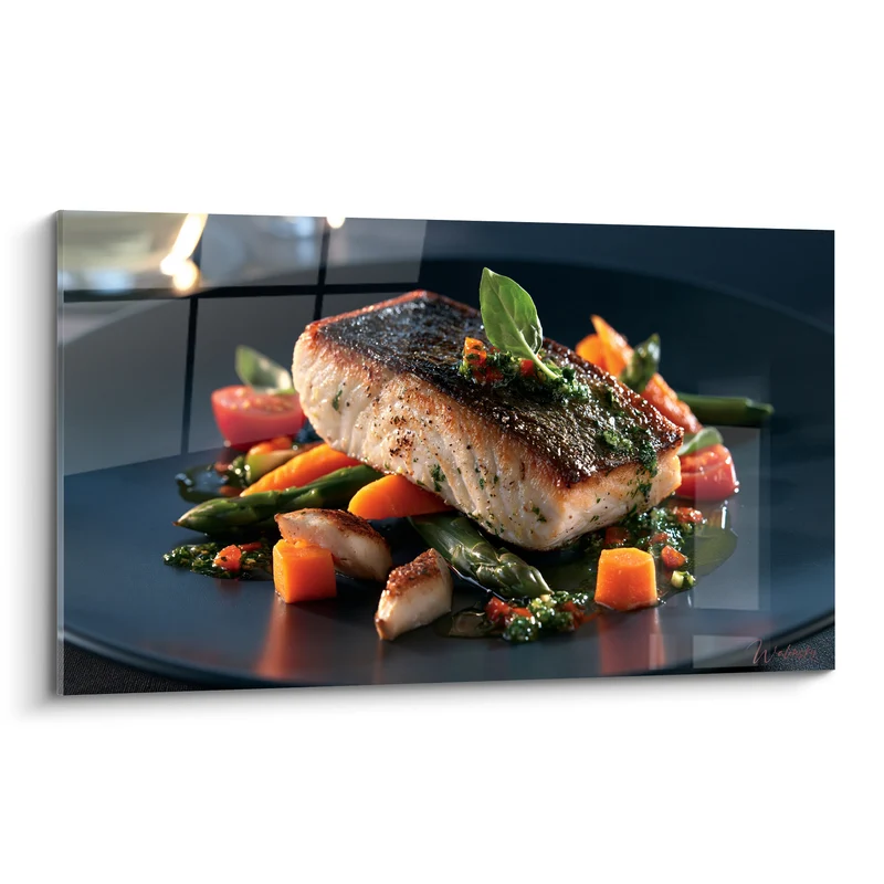 Tableau Pavé de poisson noir et orangé grillé - Table gastronomique - Edition Plat gastronomique