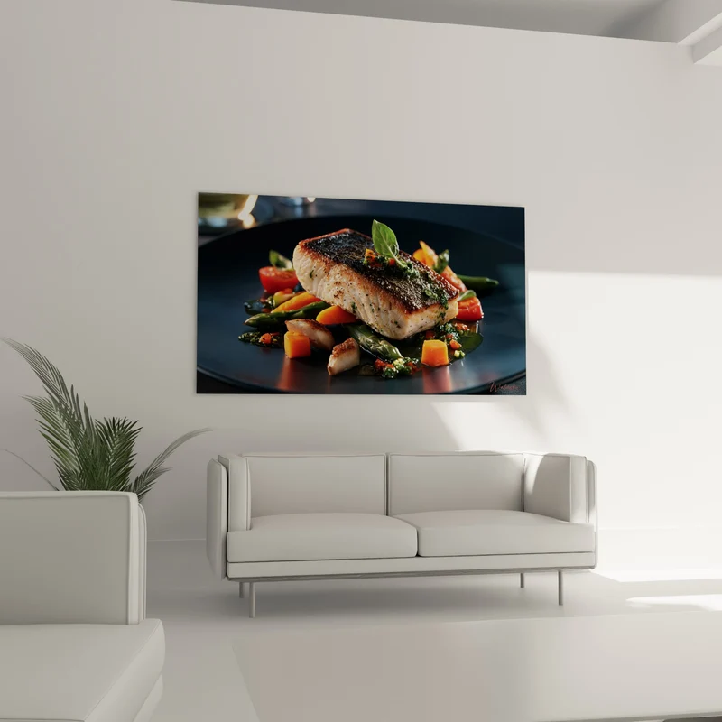 Tableau Pavé de poisson noir et orangé grillé - Table gastronomique - Edition Plat gastronomique