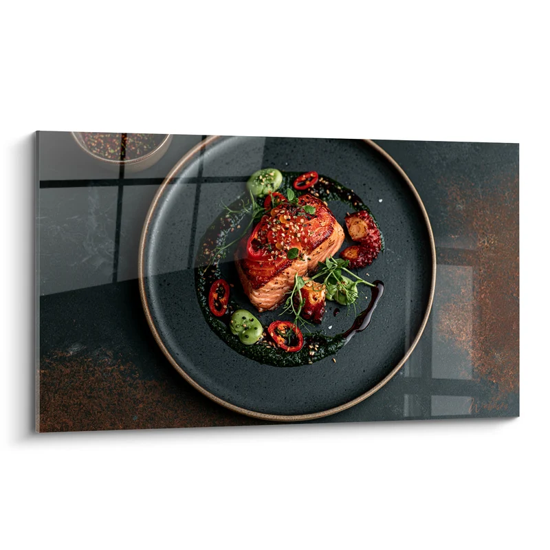 Tableau Saumon laqué assiette anthracite et rouge - Instant gourmand - Edition Plat gastronomique