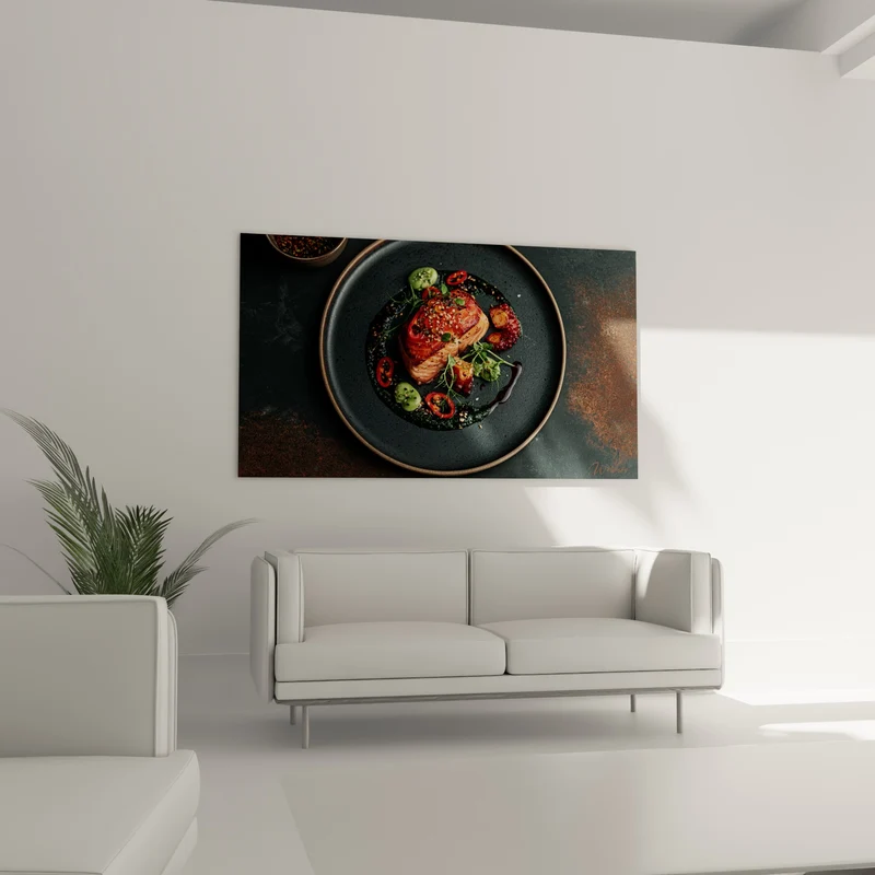 Tableau Saumon laqué assiette anthracite et rouge - Instant gourmand - Edition Plat gastronomique