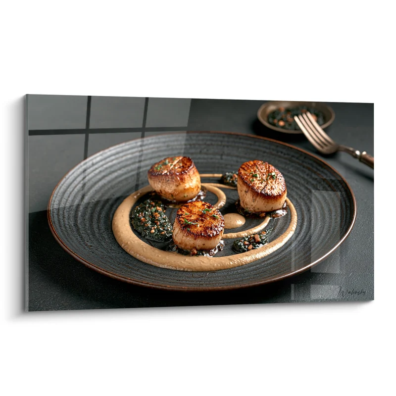 Tableau Saint-Jacques dorées sur assiette anthracite - Instant gourmet raffiné - Edition Plat gastronomique