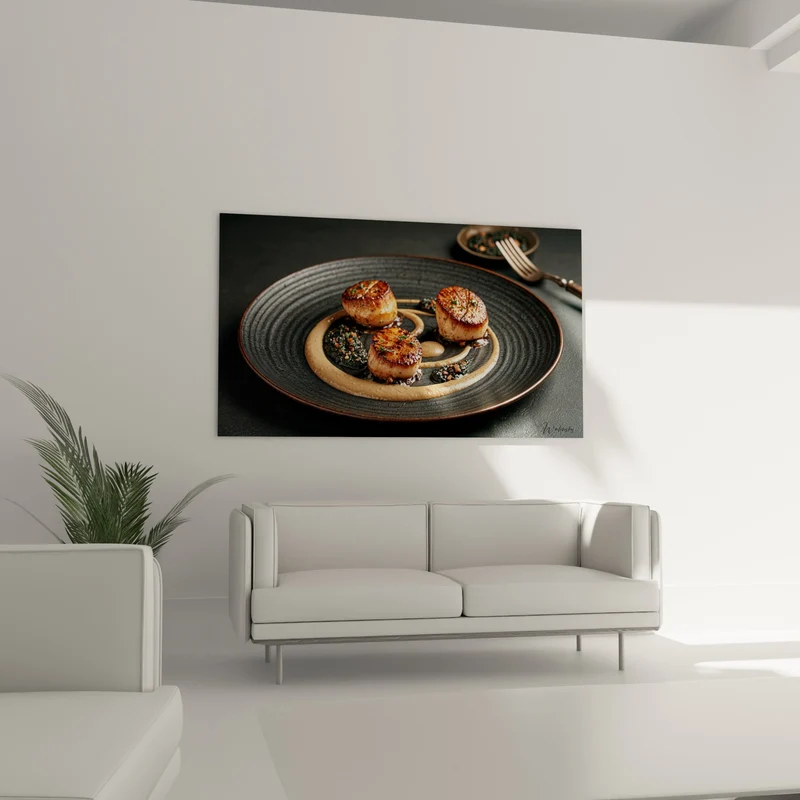 Tableau Saint-Jacques dorées sur assiette anthracite - Instant gourmet raffiné - Edition Plat gastronomique