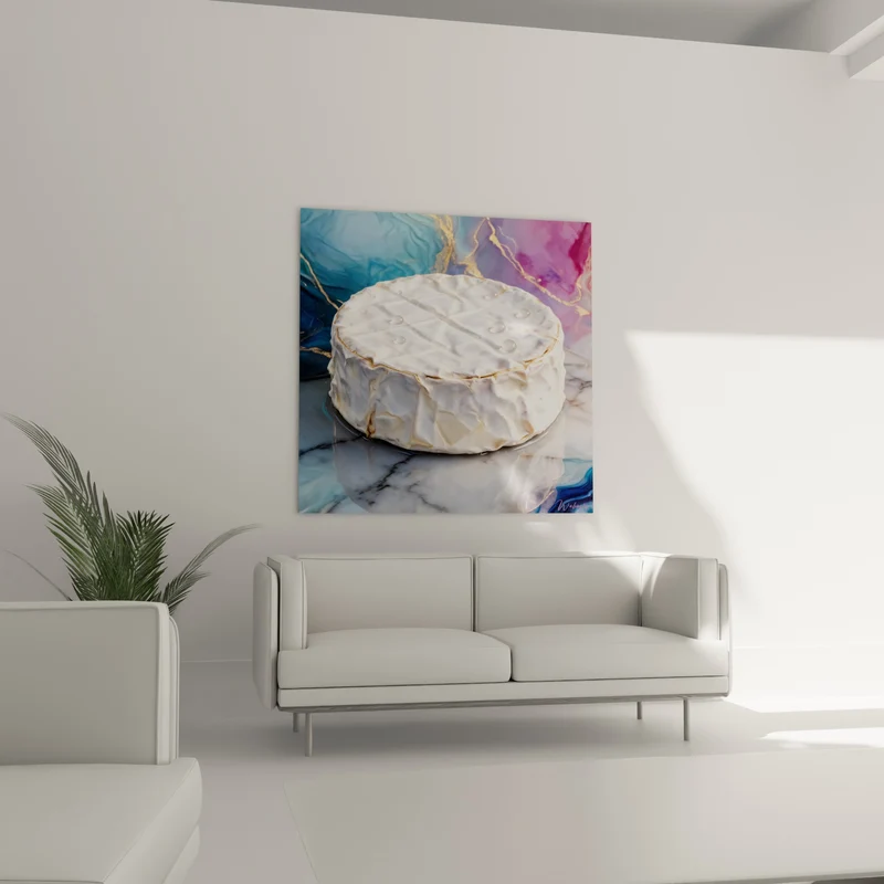 Tableau Camembert blanc sur marbre bleu et rose - Éclat gourmand - Edition Fromage