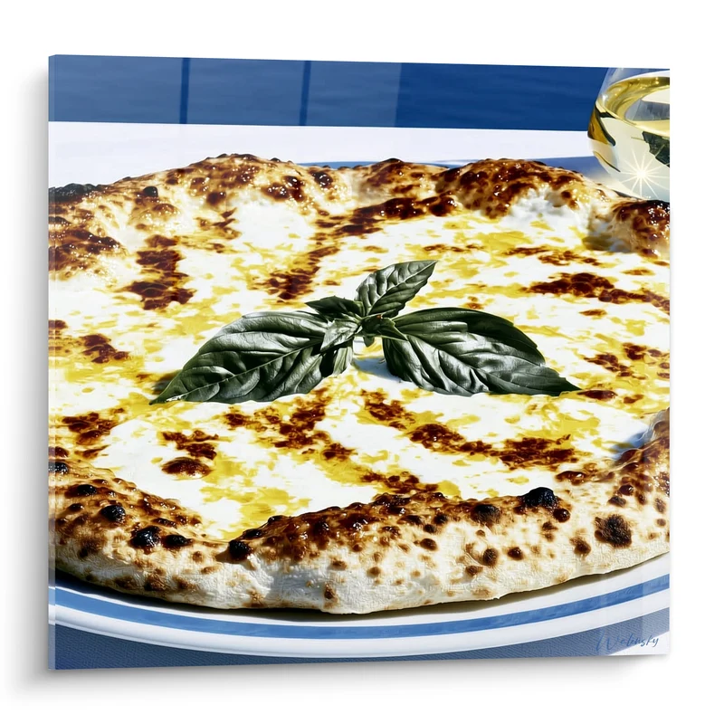 Tableau Pizza fromagère dorée aux feuilles de basilic - Table italienne ensoleillée - Edition Pizza