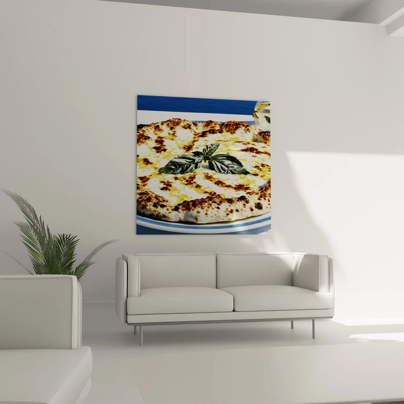 Tableau Pizza fromagère dorée aux feuilles de basilic - Table italienne ensoleillée - Edition Pizza