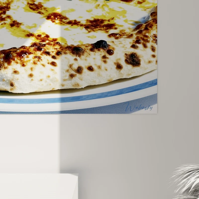 Tableau Pizza fromagère dorée aux feuilles de basilic - Table italienne ensoleillée - Edition Pizza