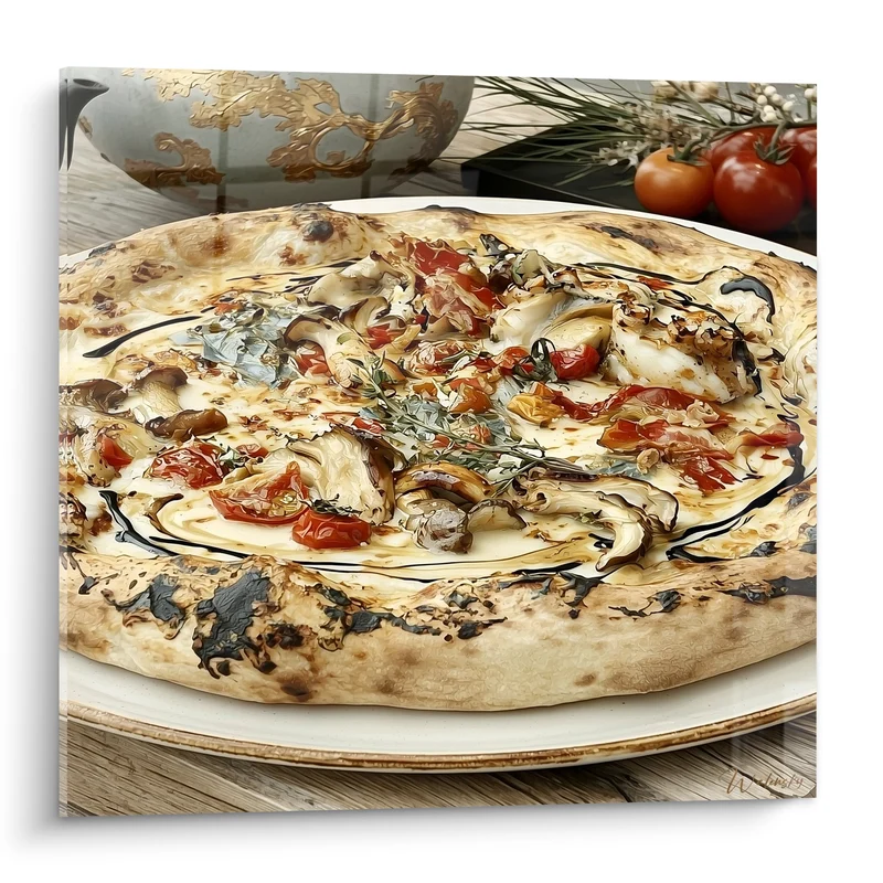 Tableau Pizza blanche aux tomates et champignons - Vase doré fleuri - Edition Pizza