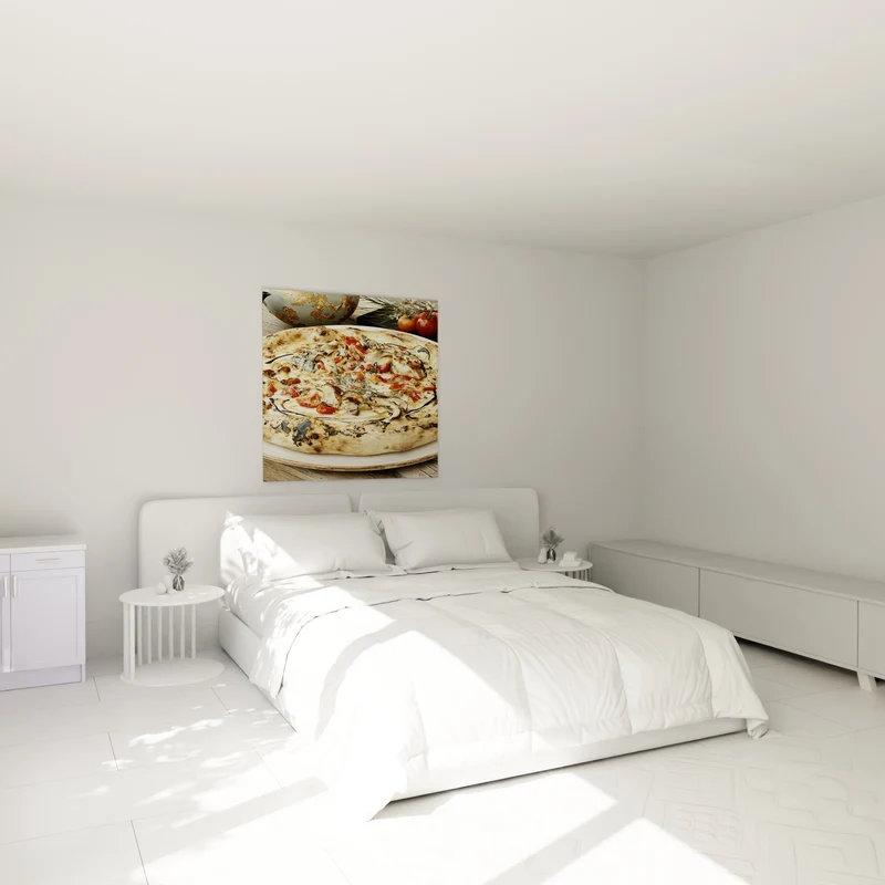 Tableau Pizza blanche aux tomates et champignons - Vase doré fleuri - Edition Pizza