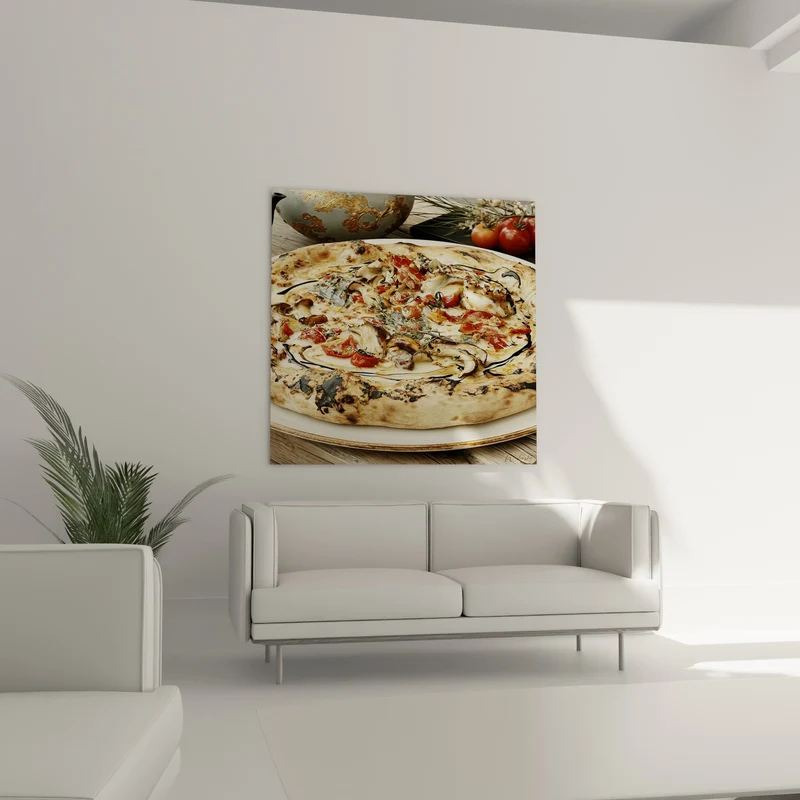 Tableau Pizza blanche aux tomates et champignons - Vase doré fleuri - Edition Pizza