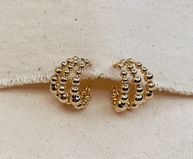 18K Gold Filled Triple Line Beaded Hoop
