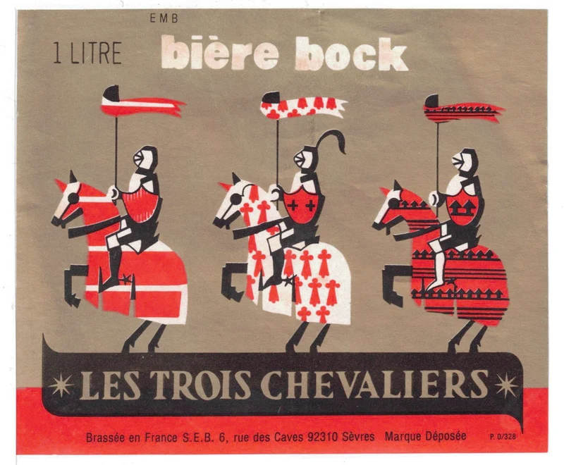Etiquette de brasserie originale ancienne bière Bock Les Trois Chevaliers