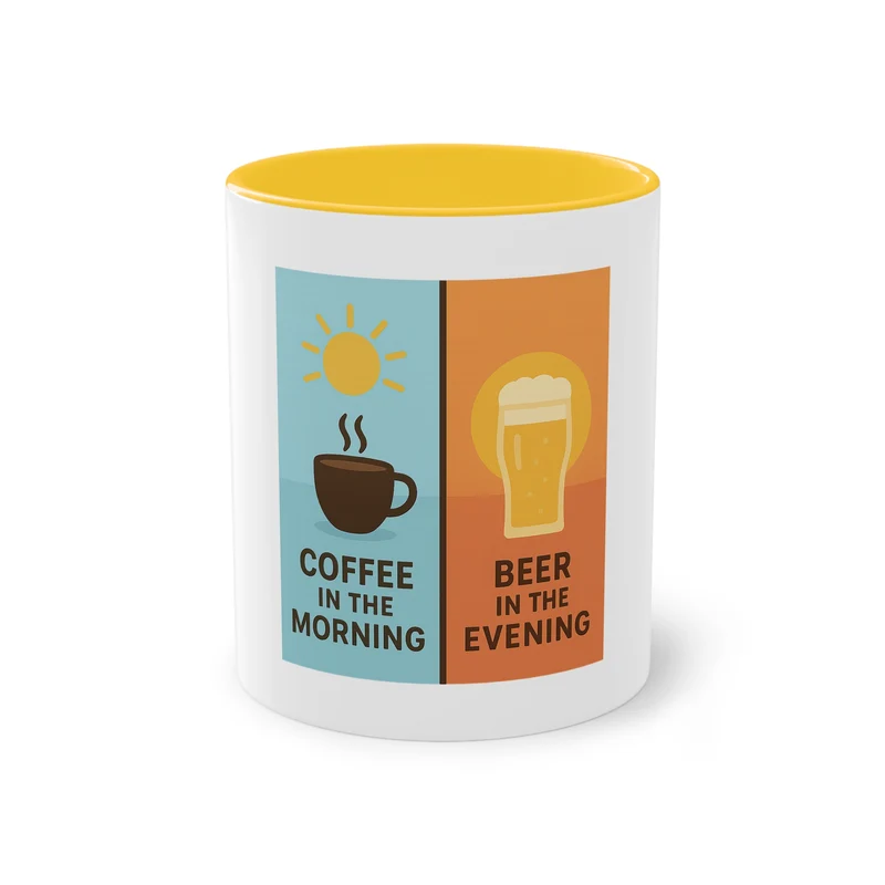 Tweekleurige koffietas: Koffie in de ochtend, bier in de avond.