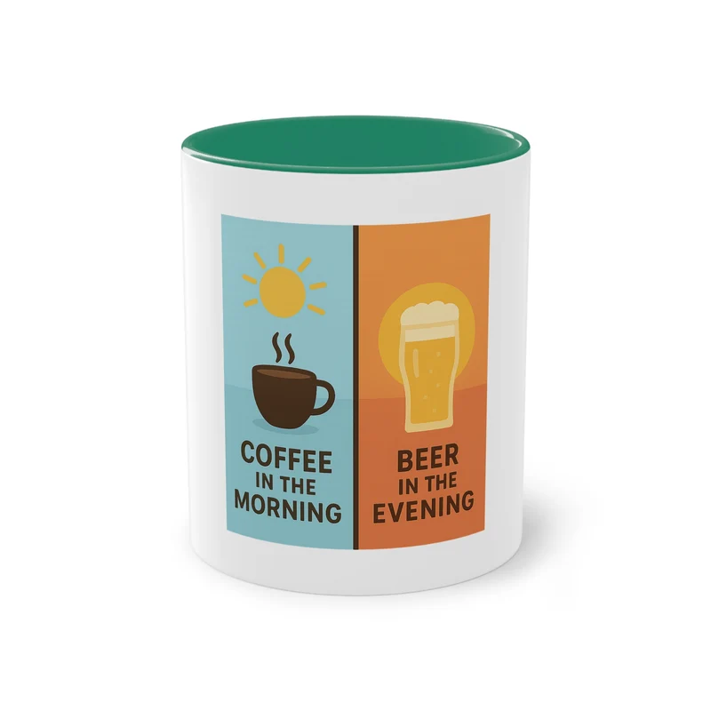 Tweekleurige koffietas: Koffie in de ochtend, bier in de avond.
