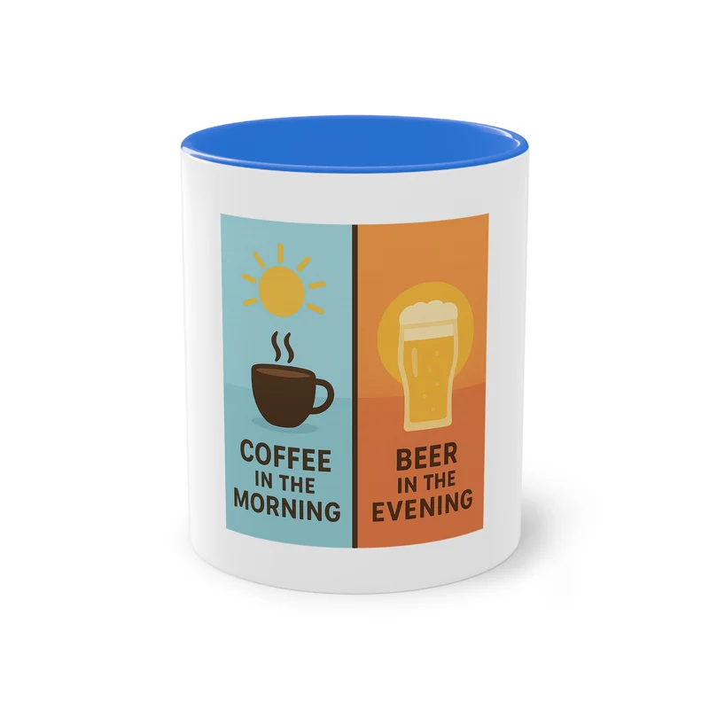 Tweekleurige koffietas: Koffie in de ochtend, bier in de avond.