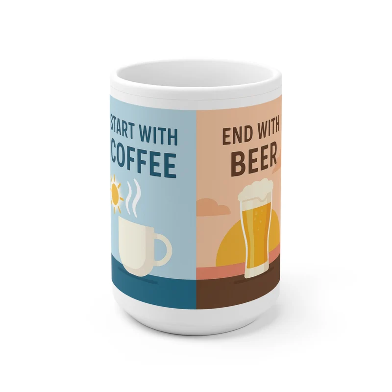 Keramische koffietas - "Start with Coffee, end with beer"