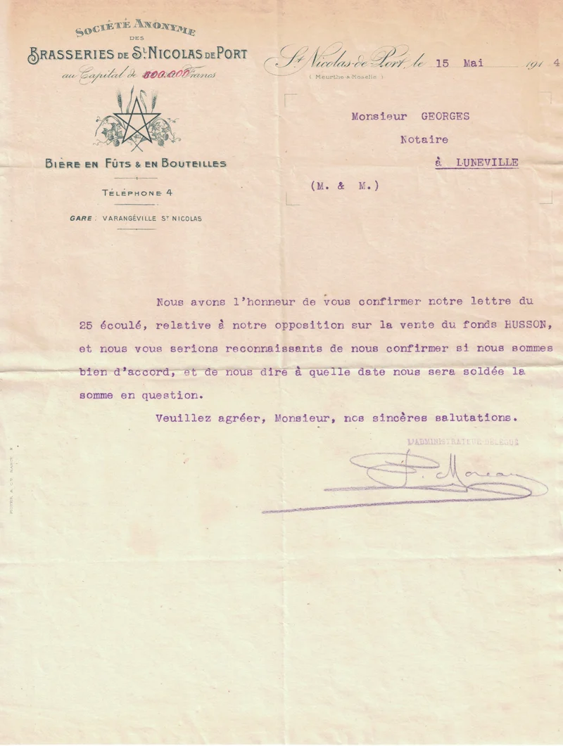 Papier à entête de brasserie original ancienne bière de Saint Nicolas de Port