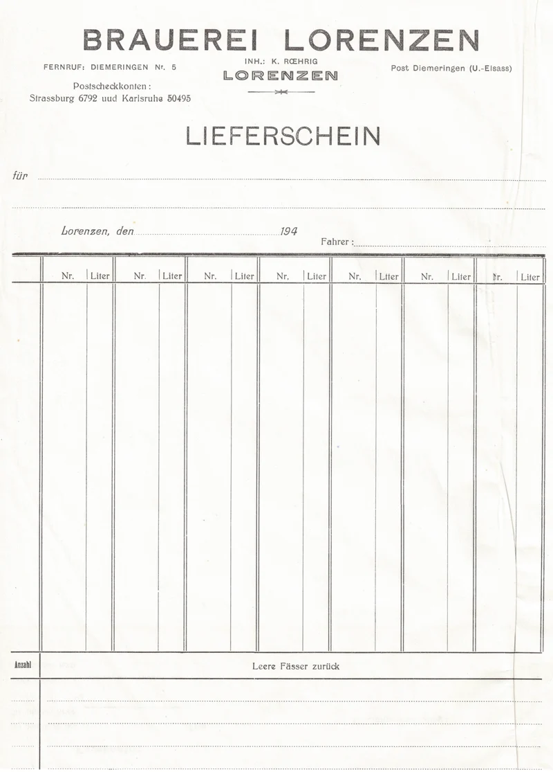 Facture de bière originale ancienne brauerei Lorenzen