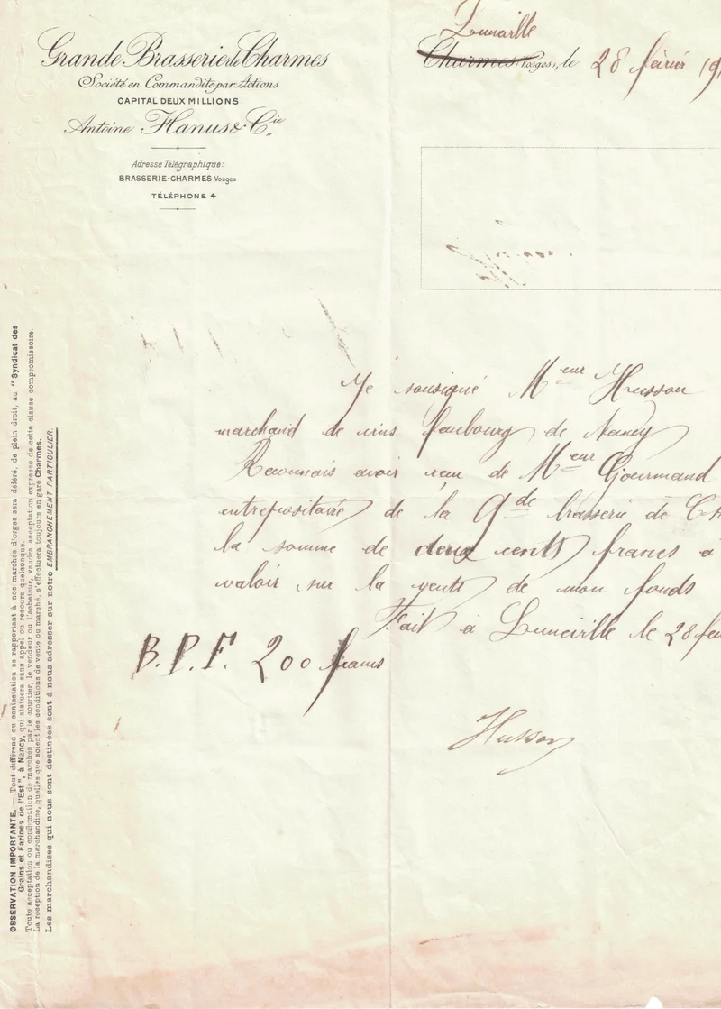 Lettre de bière originale ancienne brasserie de Charmes