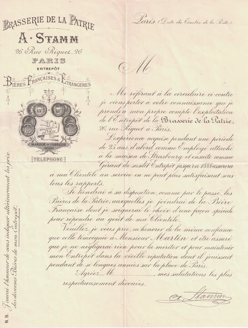 Papier à entête de bière original ancienne brasserie de la Patrie